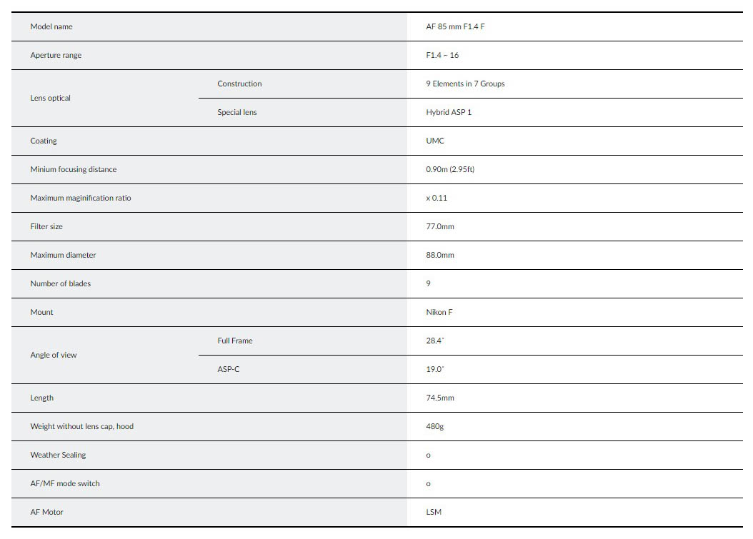 Samyang 森養 AF 85mm F1.4 F 自動對焦鏡頭 (Nikon F 尼康接口) - 規格