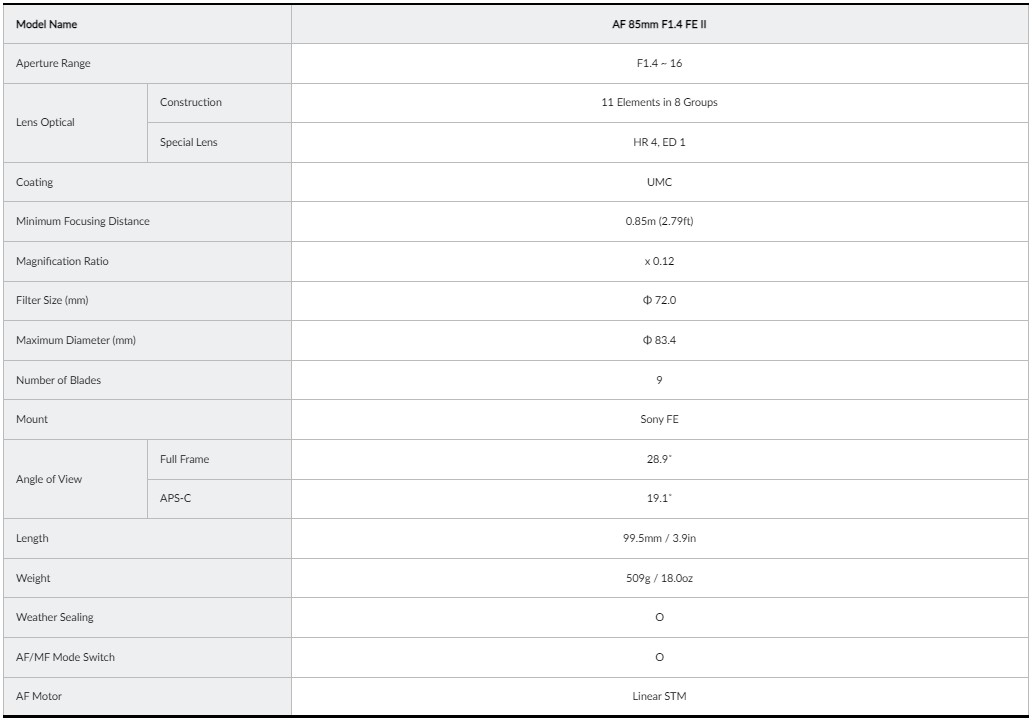 Samyang AF 85mm F1.4 FE II Auto Focus Lens for Sony E-mount - Specifications