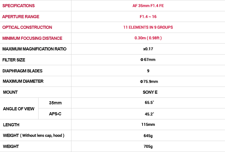 Samyang AF 35mm F1.4 FE Lens (for Sony E-mount) - Specifications